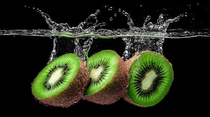 Splashing kiwi fruit in water underwater photography nature black background freshness concept