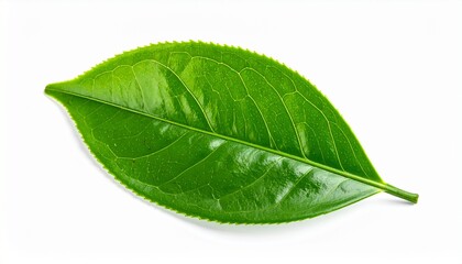 Obraz premium “Single green leaf with serrated edge and visible veins, isolated on white background, botanical clarity”