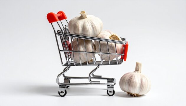 “Miniature shopping cart with garlic bulbs, metallic frame and orange accents, playful culinary symbolism on white surface”