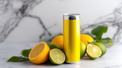 A shiny energy drink can surrounded by citrus fruits, fresh and energetic vibe