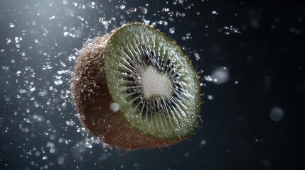 Juicy kiwi fruit splashing in water close-up photography dark background high-speed action freshness concept