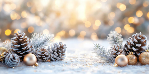 Obraz premium Snowy surface with frosted pine cones, fir branches and bokeh lights. Winter and Christmas background.