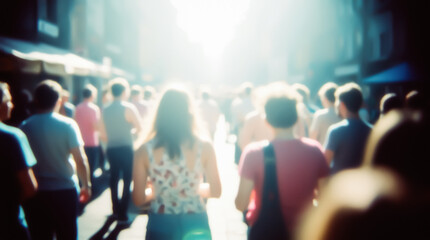 Naklejka premium Blurred background of a city street filled with walking people, illuminated by bright sunlight creating a bokeh effect