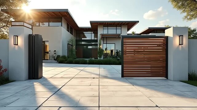 A contemporary luxury home features a grand entrance with a sleek wooden gate and modern architecture.