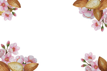 Watercolor almond blossom frame. White background. For design, backgrounds
