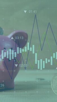 Animation of financial data processing over money and bank pig