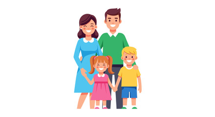 Obraz premium A happy, smiling family of four, composed of two parents and two children, standing together with their arms around each other in a warm and loving pose