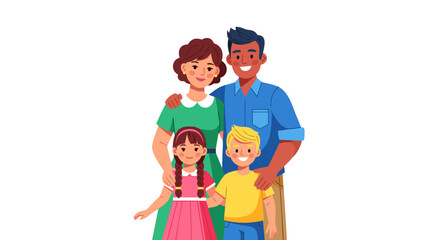 Obraz premium A happy, smiling family of four, including parents and two young children, posing together in front of a white background