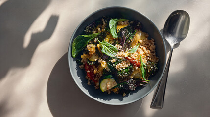 A healthy and vibrant bowl of quinoa salad with fresh vegetables and greens, served with a spoon.
