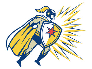 Female Superhero Emblem with Shield and Cape Illustration