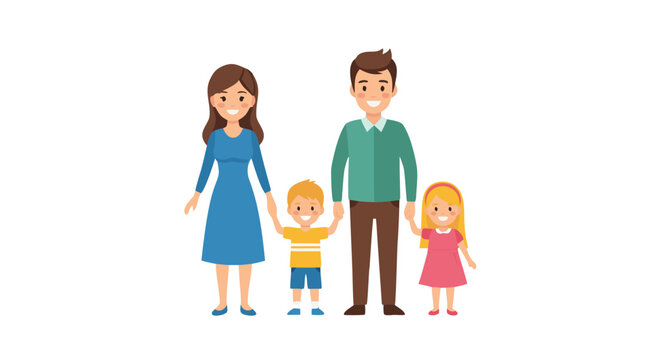 Illustration of a happy family with parents and two children standing together, celebrating unity and togetherness in a joyful moment, representing love and connection