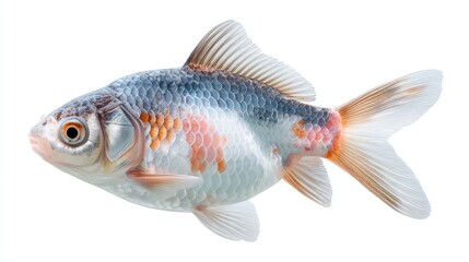 Fototapeta premium A Detailed Close-Up Of A Swimming White And Orange Goldfish With Black Accents Isolated On A White Background With Fin Details Visible In Soft Studio Lighting