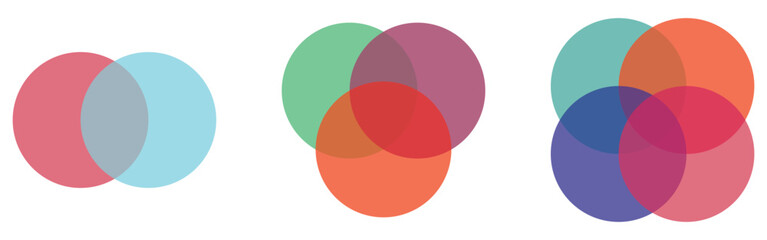 Modern isolated Venn diagram icons set on white background. Logo-type diagram vector set on white page. Modern isolated graphical flat Venn diagram icons. EPS 10. 