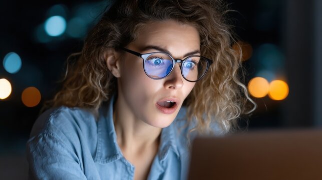 Woman with Glasses Looking Surprised at Laptop Screen