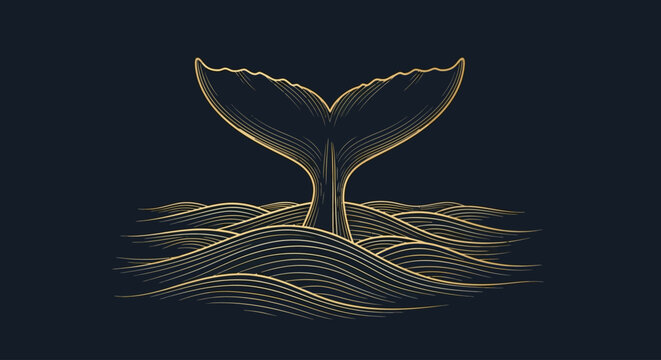 Golden Whale Tail Diving Into Stylized Ocean Waves, Minimalist Line Art Illustration