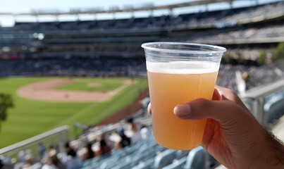 A person holding a beer in a plastic cup at a baseball game