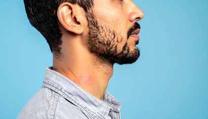 Fototapeta premium Visible neck swelling, side profile, on a clean light blue background, medical concept