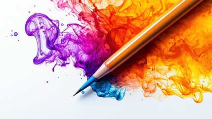 Vibrant Hues: A Colored Pencil Resting on an Abstract Ink Painting