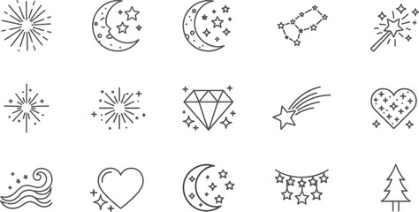 Obraz premium Collection of celestial and festive icons including stars, moon, fireworks, and hearts