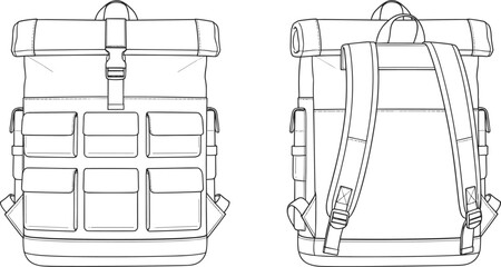 Backpack, roll top, technical drawing, flat sketch, vector illustration, CAD design, fashion accessory, outdoor gear, travel bag, storage pockets