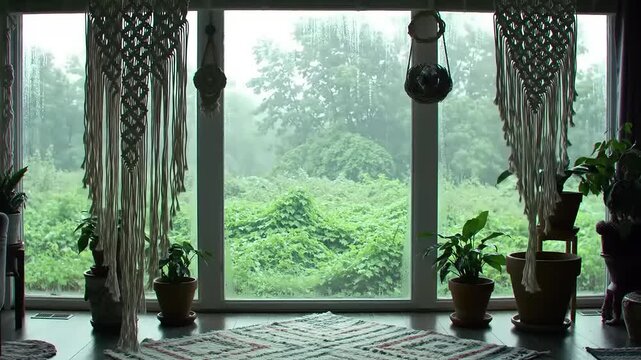 Rainy day view from a bohemian chic living room with macrame hangings and potted plants