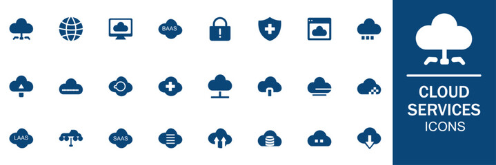 Cloud services editable icon set. Cloud computing, storage, hosting, sync, data transfer, cloud server, network, online, SAAS, digital and more. Solid icons collection. Vector illustration.