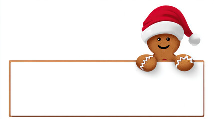 Cute smiling gingerbread man wearing red santa hat peeking over blank white sign board with gold border on white background