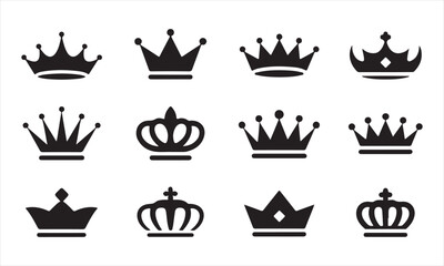 Set of regal crown icons – monarchy and leadership symbols in minimal black vector style.