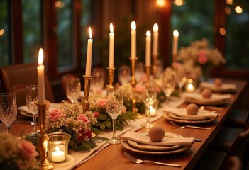 Impeccably Set Dining Table with Elegant Place Settings and Sparkling Tableware Display