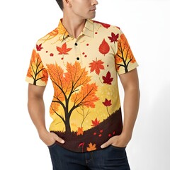 a t-shirt model with an autumn pattern