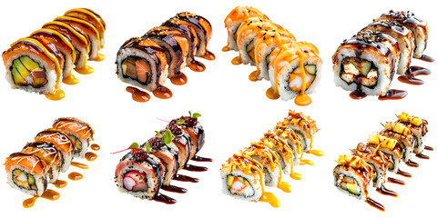A large set of sushi with various unusual toppings and sauces, isolated on a transparent background PNG
