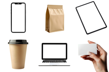 A set of items for advertising, announcements, or mockups: tablet, smartphone, laptop, business card, paper bag, coffee cup, isolated on a transparent background PNG