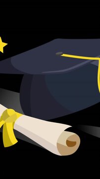 Animation of graduation certificate and hat icons over black background