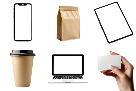 A set of items for advertising, announcements, or mockups: tablet, smartphone, laptop, business card, paper bag, coffee cup, isolated on a transparent background PNG