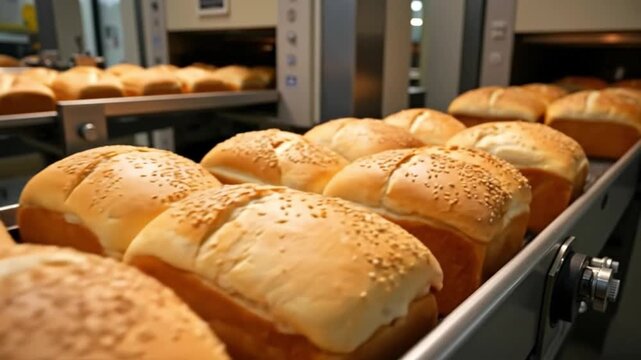 Freshly baked bread loaves with sesame seeds move on a factory conveyor belt