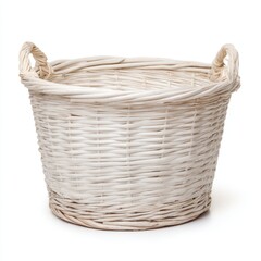 Obraz premium White Woven Basket with Handles for Storing Items, Decorative Home Storage Solution, Natural Texture and Style for Organizing Spaces