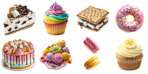 A set of various delicious sweets: donut, cupcake, cake, cookie, marshmallow, macaroon, ice cream, isolated on a transparent background PNG