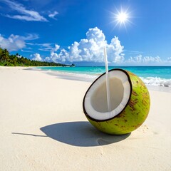 Half coconut with straw on sandy beach under a bright sunny sky