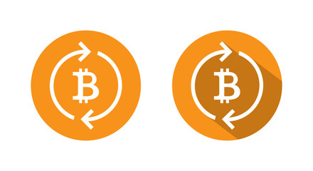 Bitcoin loop arrow icon with long shadow. Digital currency exchange or cryptocurrency rotation symbol