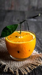 Half-cut orange in a glass with a leaf, set on burlap and wood