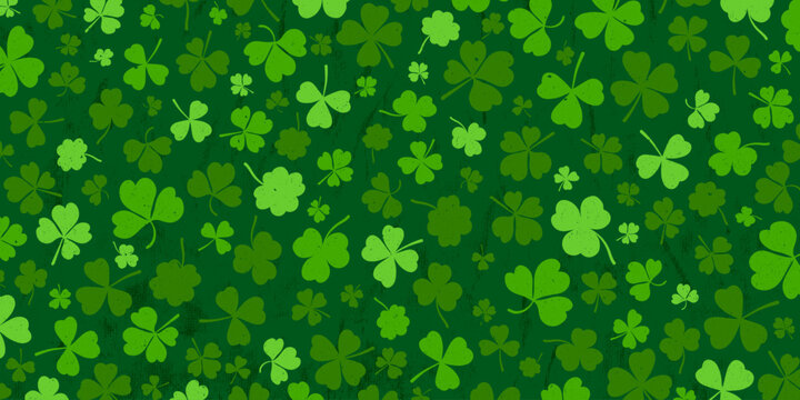 Shamrock or green clover leaves pattern background flat design vector illustration. St Patrick Day shamrock symbols decorative elements horizontal pattern texture.