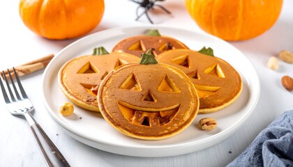 Halloween-themed breakfast plate with jack-o'-lantern pancakes