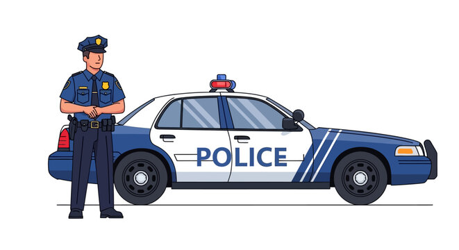 A cartoon policeman stands beside a police car with POLICE on its side