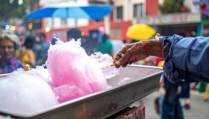 Hand crafting fluffy pink confection on a street, festive atmosphere