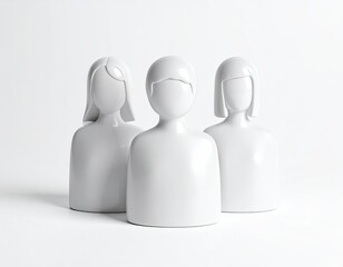 Three stylized white figures of varying hair styles on a bright white background