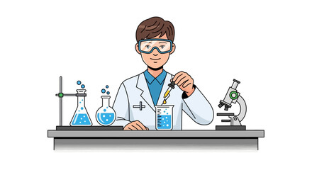 Cartoon depiction of a scientist conducting an experiment with beakers and a microscope in a laboratory