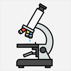 Illustration of a microscope with a drop of liquid coming from the eyepiece on a white background.
