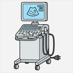 An ultrasound machine with a monitor displaying a fetus image on a white background in a line drawing style.