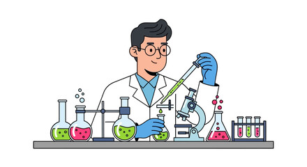 Cartoon scientist in lab using tools  beakers with liquids