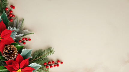 Minimalist Christmas background with red poinsettia, pinecone and pine branch border on beige textured surface.